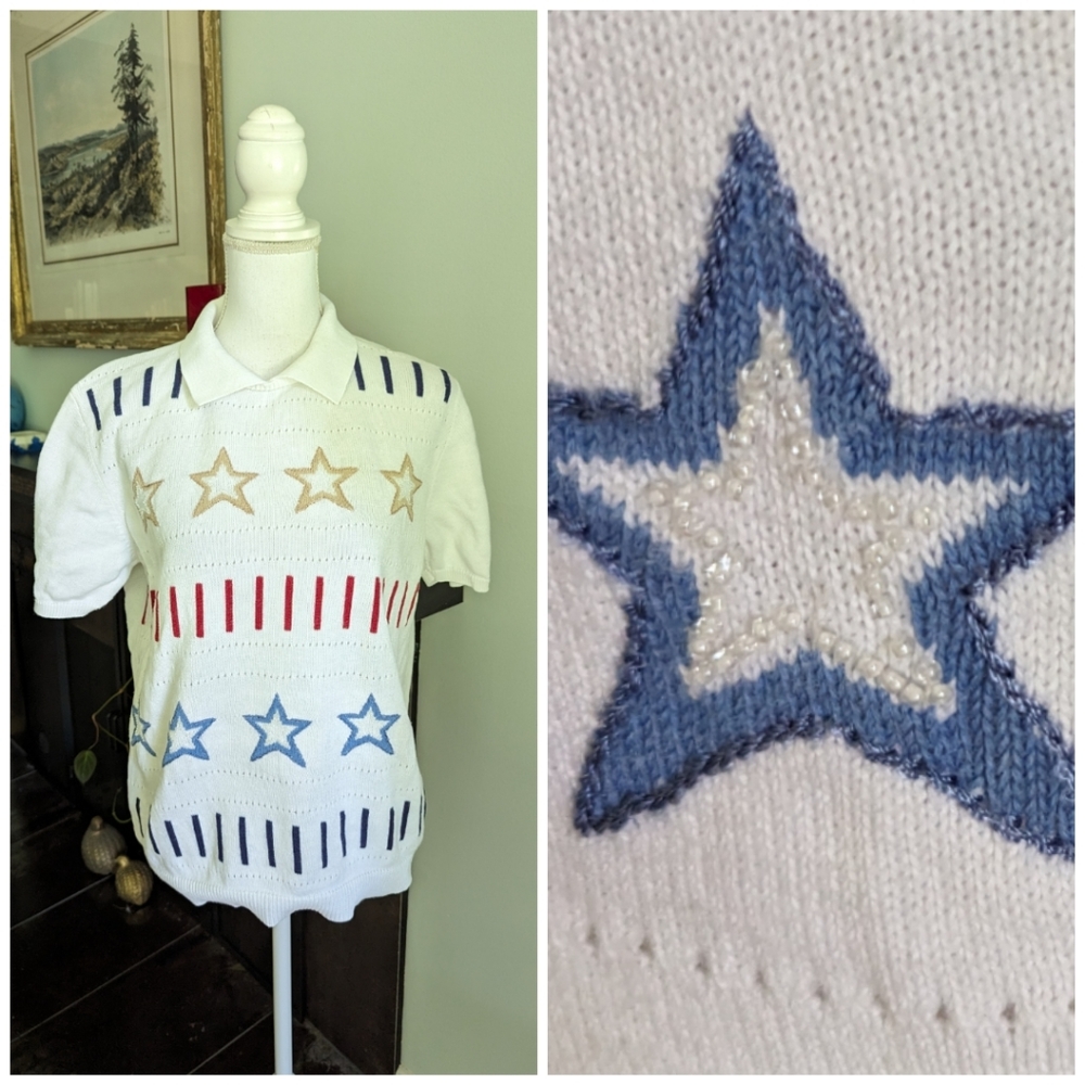 Alfred Dunner Women's Small Polo Sweater Stars Beaded Stripe USA Grandma 149